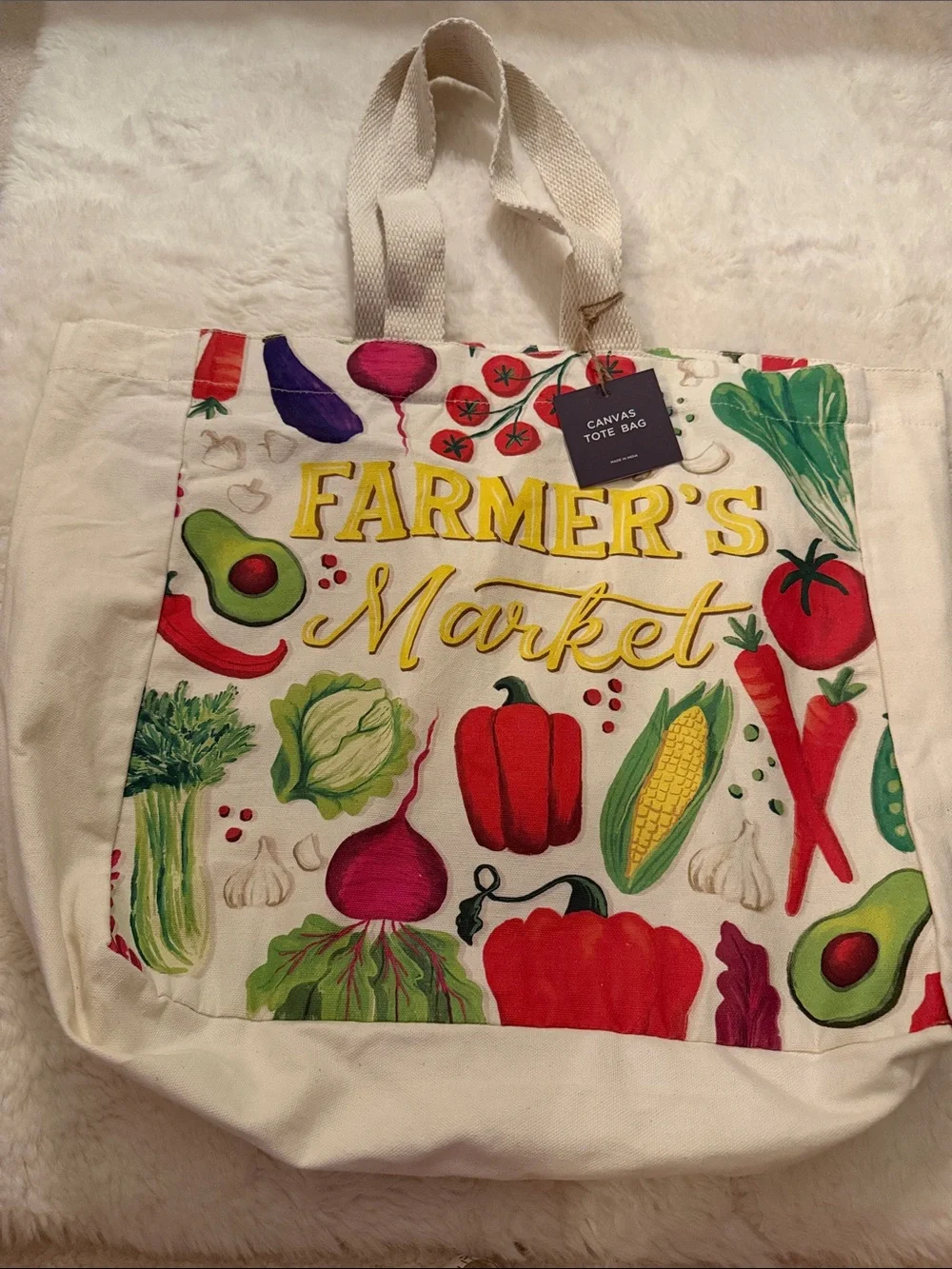 NWT, Farmer's Market Canvas Tote Bag with Colorful Veggie Print